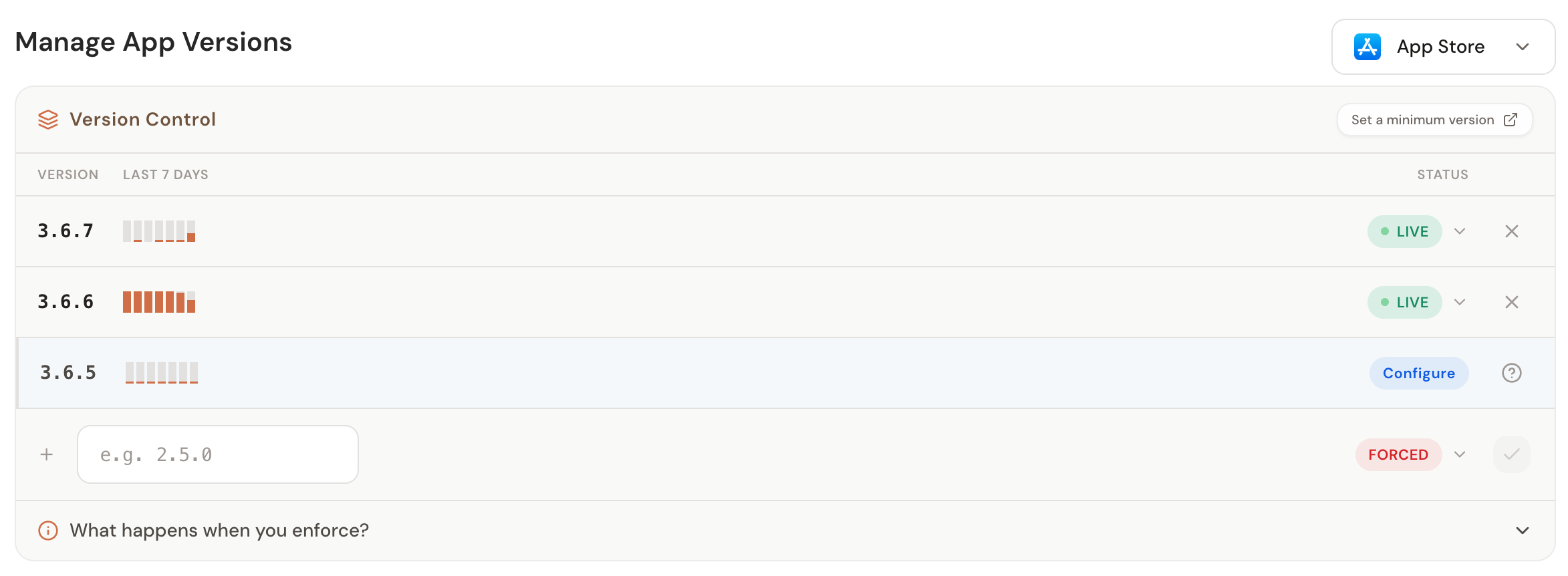 SideKit version control dashboard showing app versions with usage activity and status controls